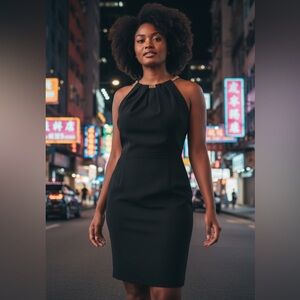 ASHLEY GRAHAM BLACK SLEEVELESS FORMAL GOLD CHAIN HALTER STYLE MIDI DRESS SZ 14